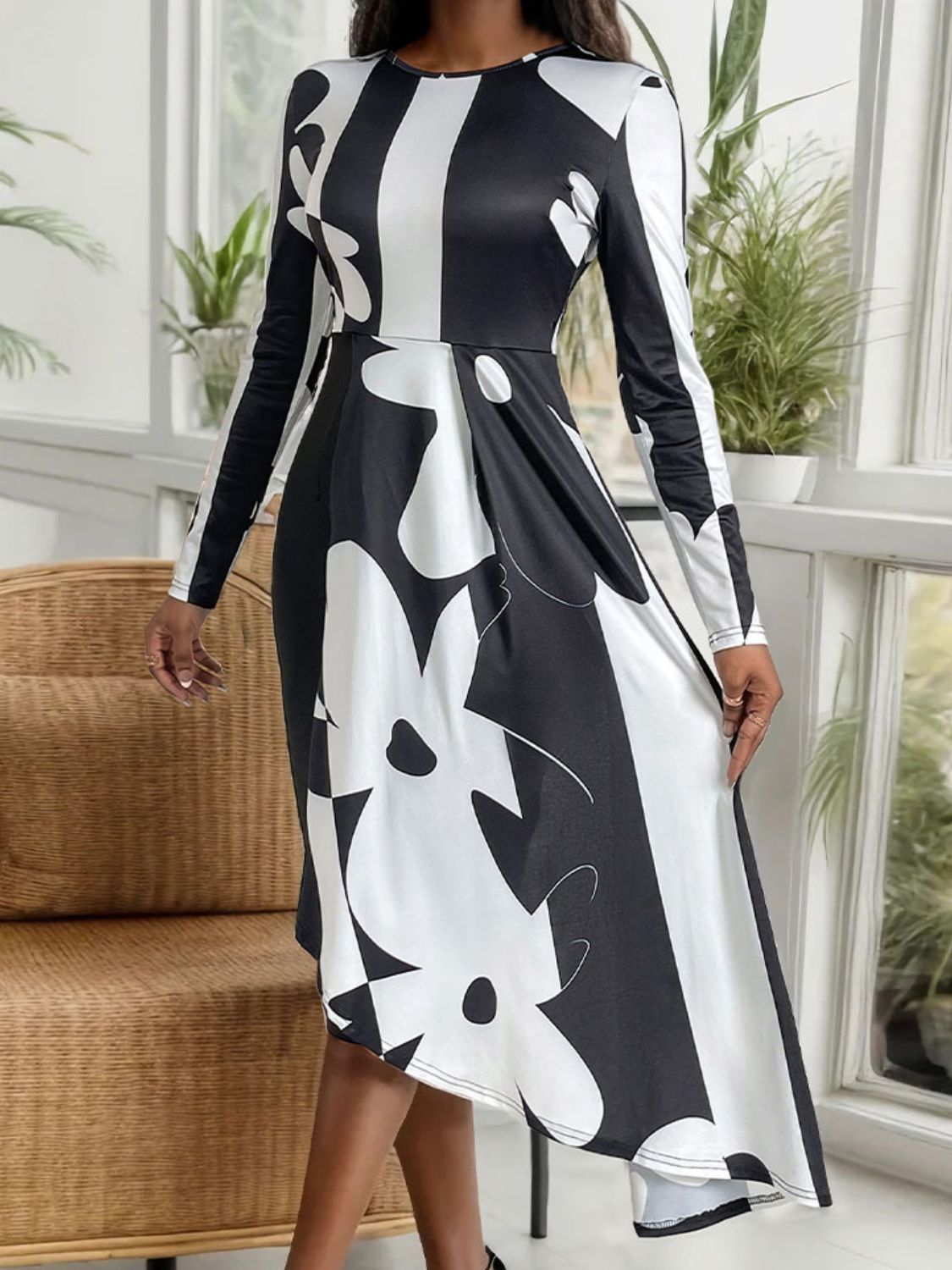 Stacey B's Asymmetrical Slit Round Neck Long Sleeve Midi Dress