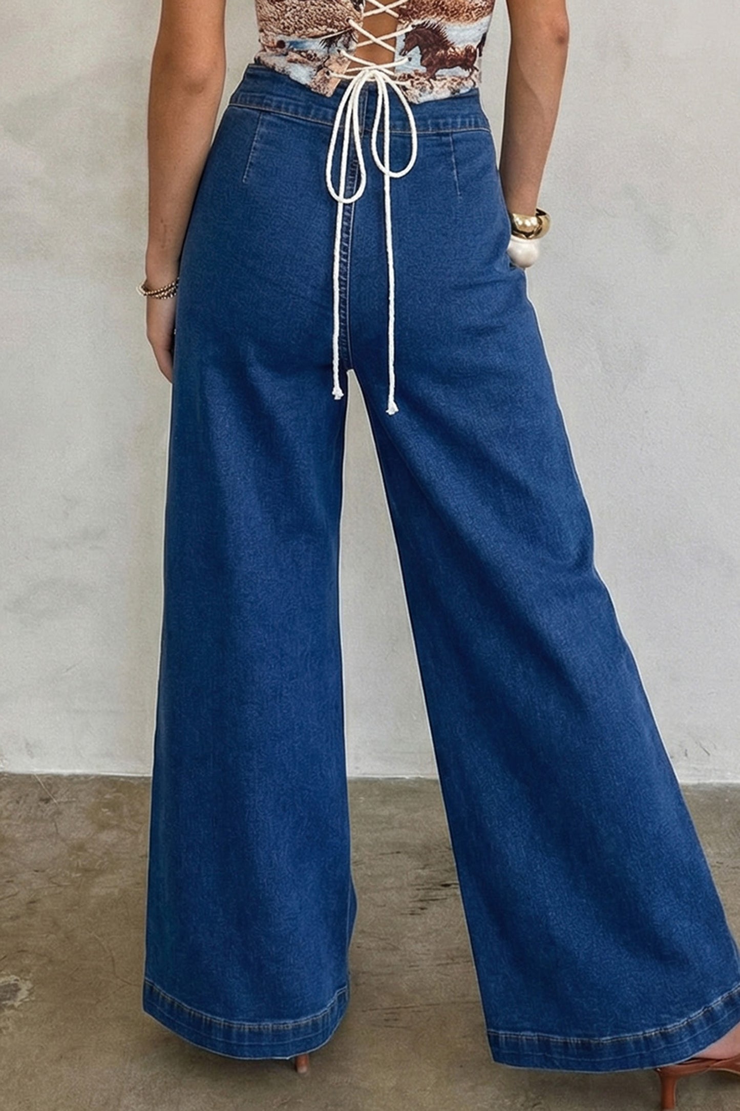 Stacey B's Sail Blue Hardware Decor Patched Pockets Wide Leg Denim Pants
