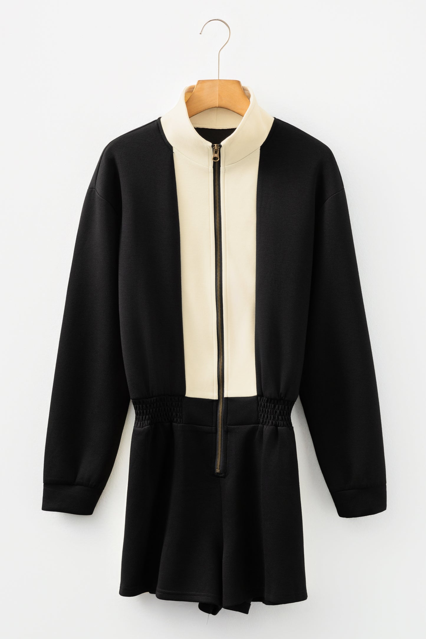 Stacey B's Black Two-tone Long Sleeve Zipped Front Casual Romper
