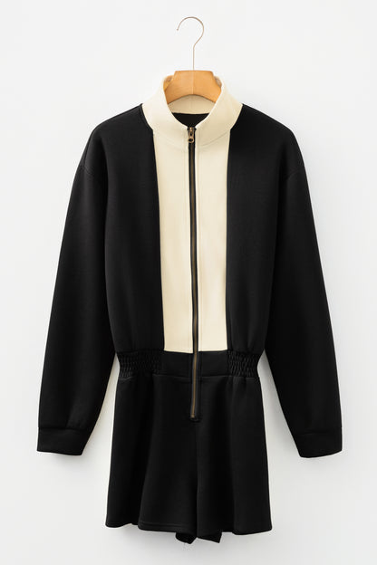 Stacey B's Black Two-tone Long Sleeve Zipped Front Casual Romper