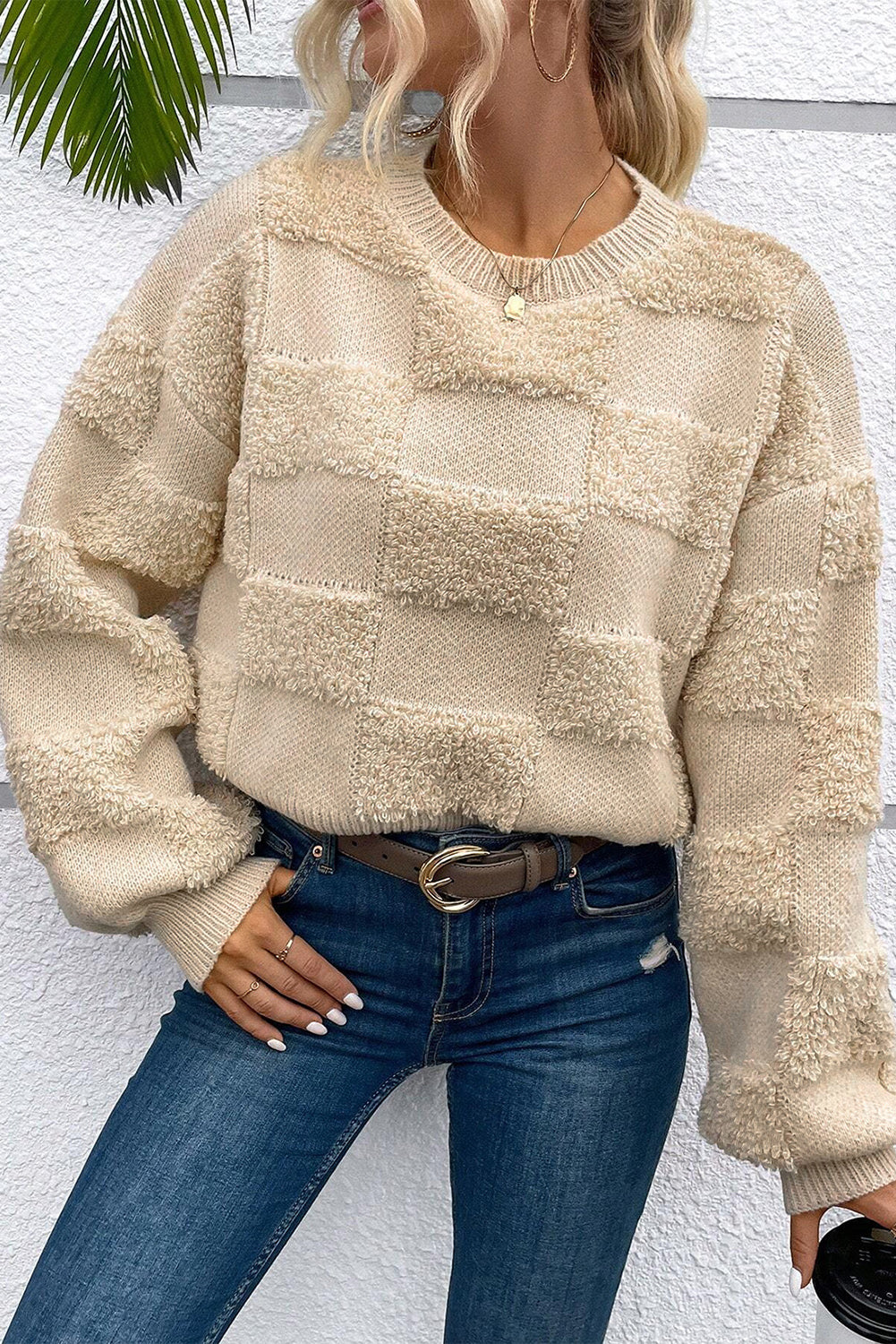 Stacey B's Parchment Checkered Sherpa Crew Neck Loose Sweater