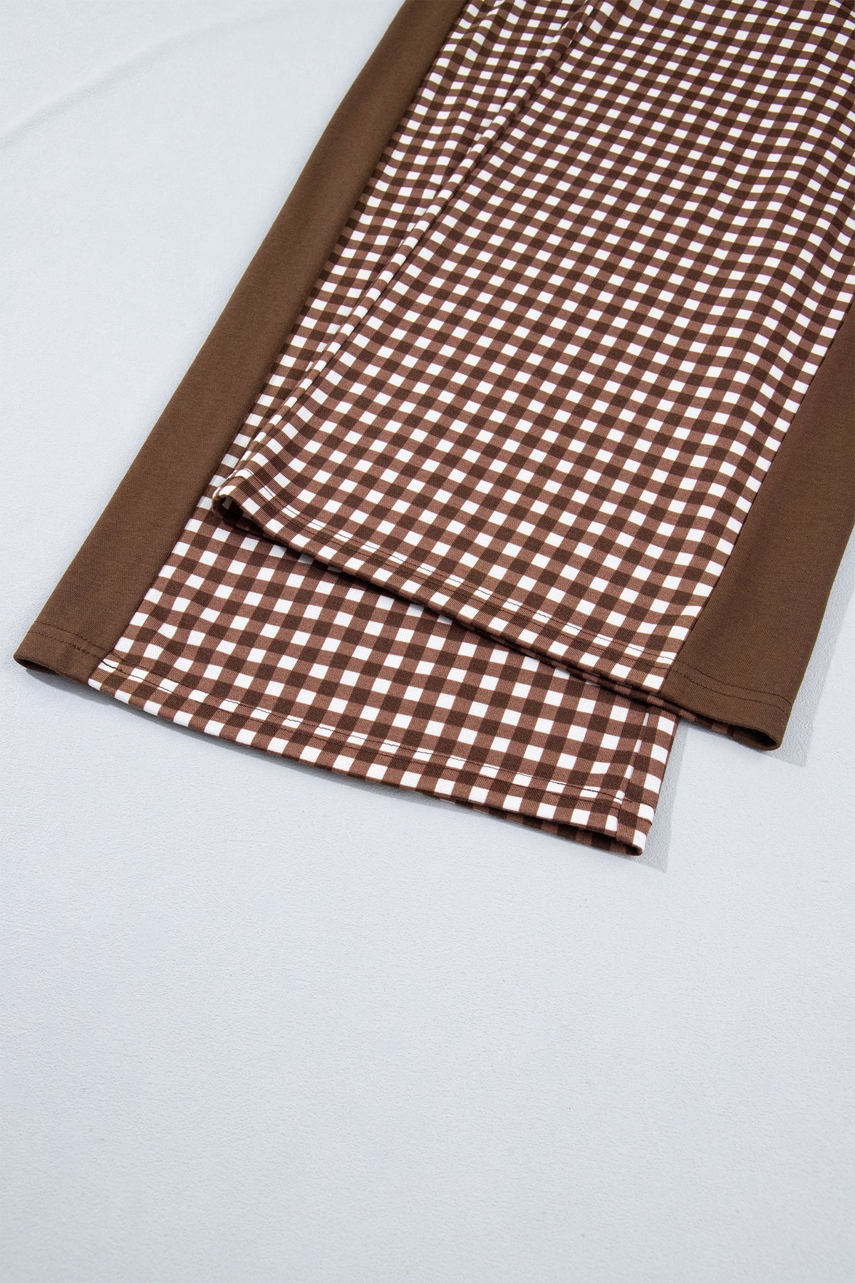 Stacey B's Brown Color Block Plaid Patchwork Long Sleeve Pullover Wide Leg Pant Set