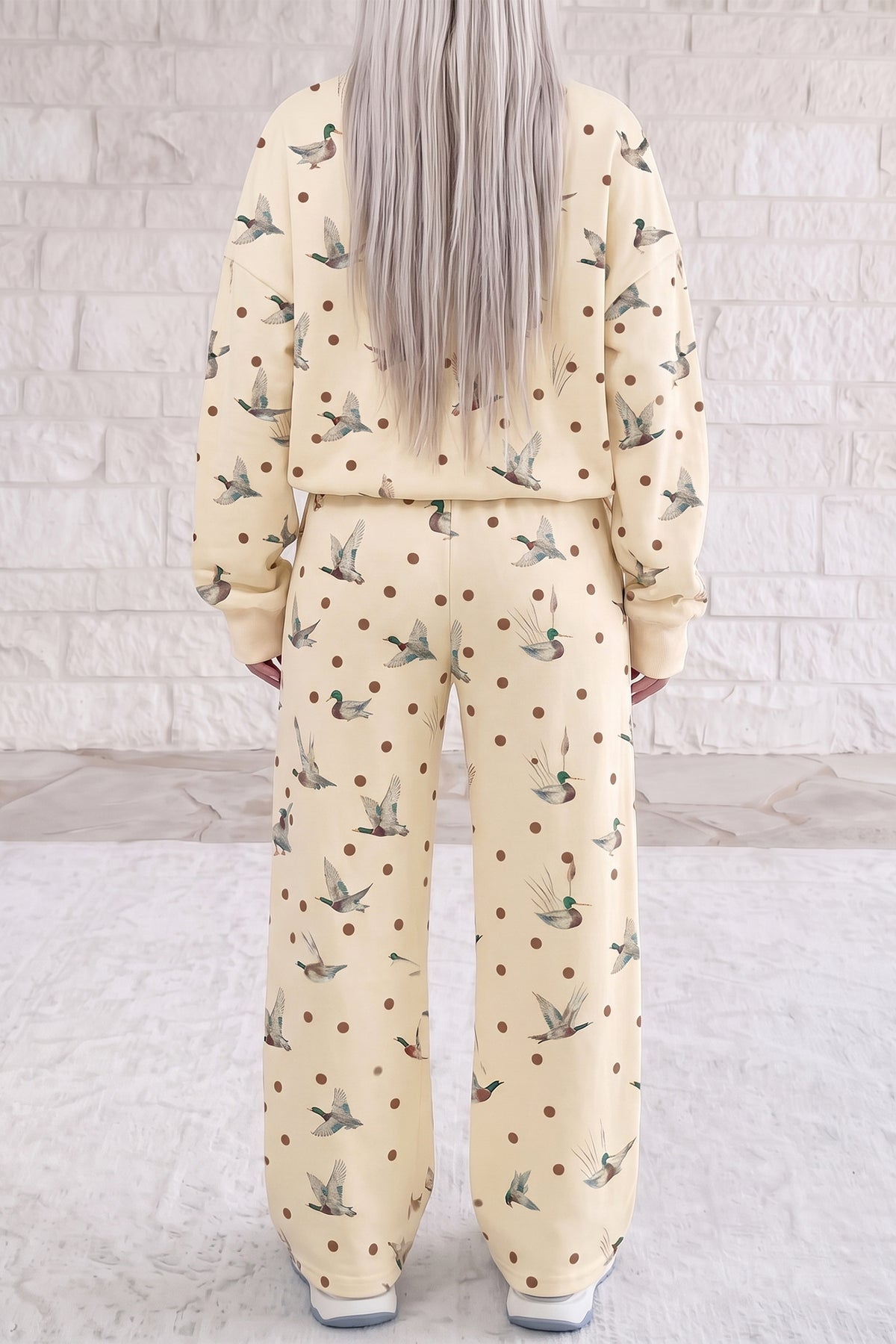 Stacey B's Beige Polka Dot Mallard Print Crewneck Pullover Two Piece Pants Set