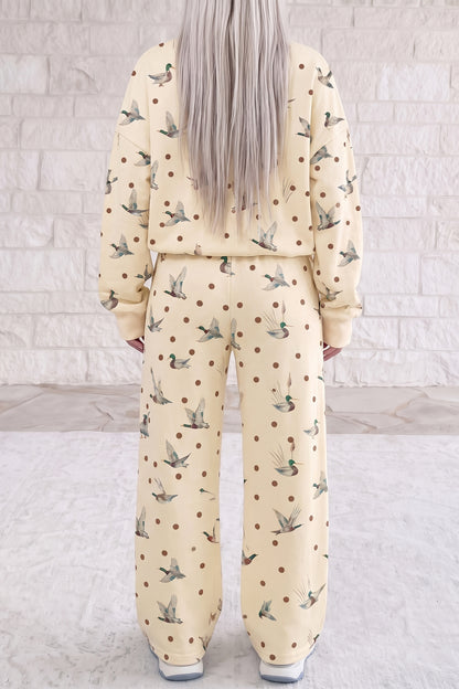 Stacey B's Beige Polka Dot Mallard Print Crewneck Pullover Two Piece Pants Set