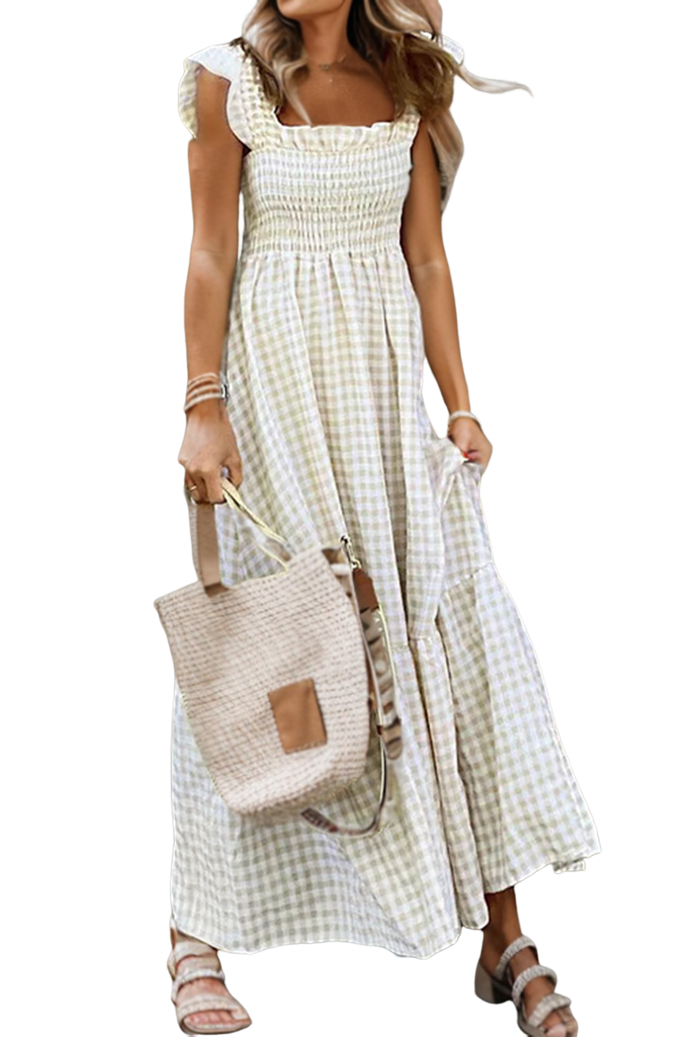 Stacey B's Khaki Plaid Ruffled Sleeveless Smocked Maxi Dress