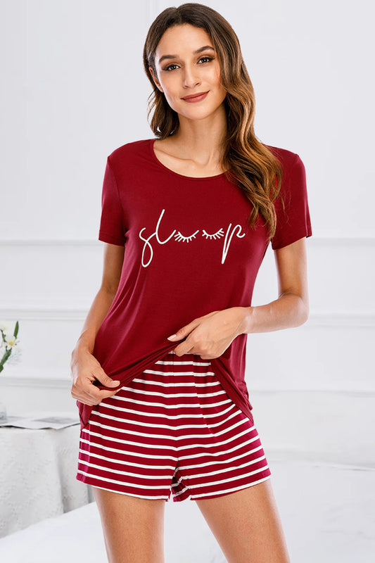 Stacey B's Graphic Round Neck Top and Striped Shorts Lounge Set