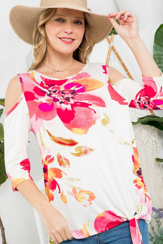 Stacey B's Plus Floral Print Cold Shoulder Top