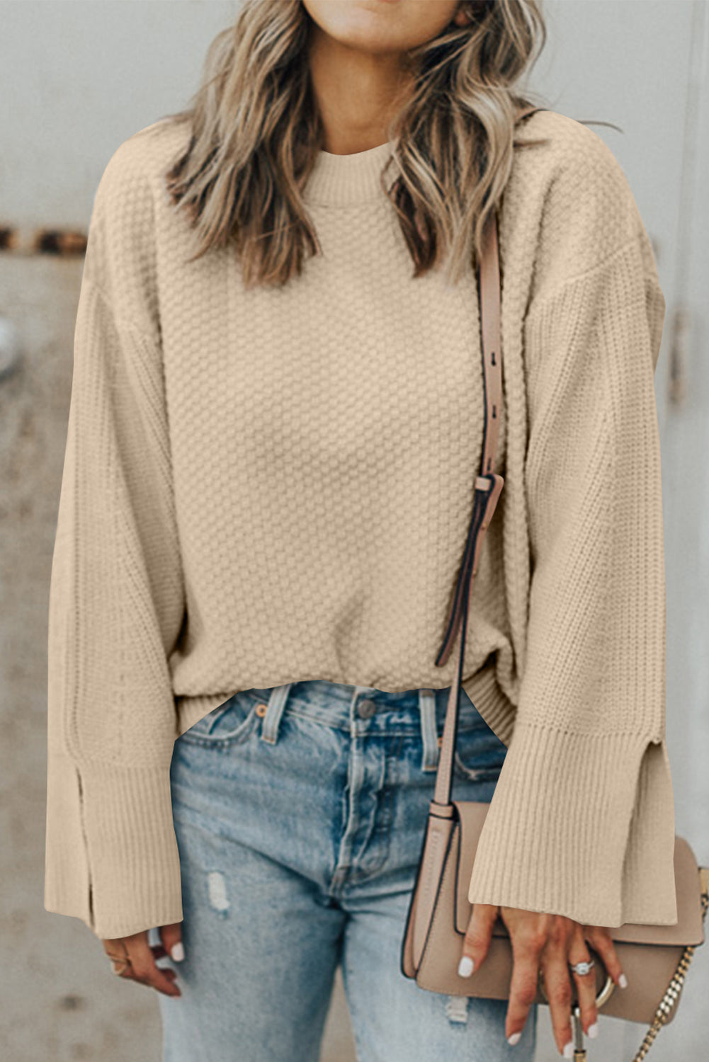 Stacey B's Parchment Solid Textured Knit Split Cuff Drop Shoulder Loose Sweater