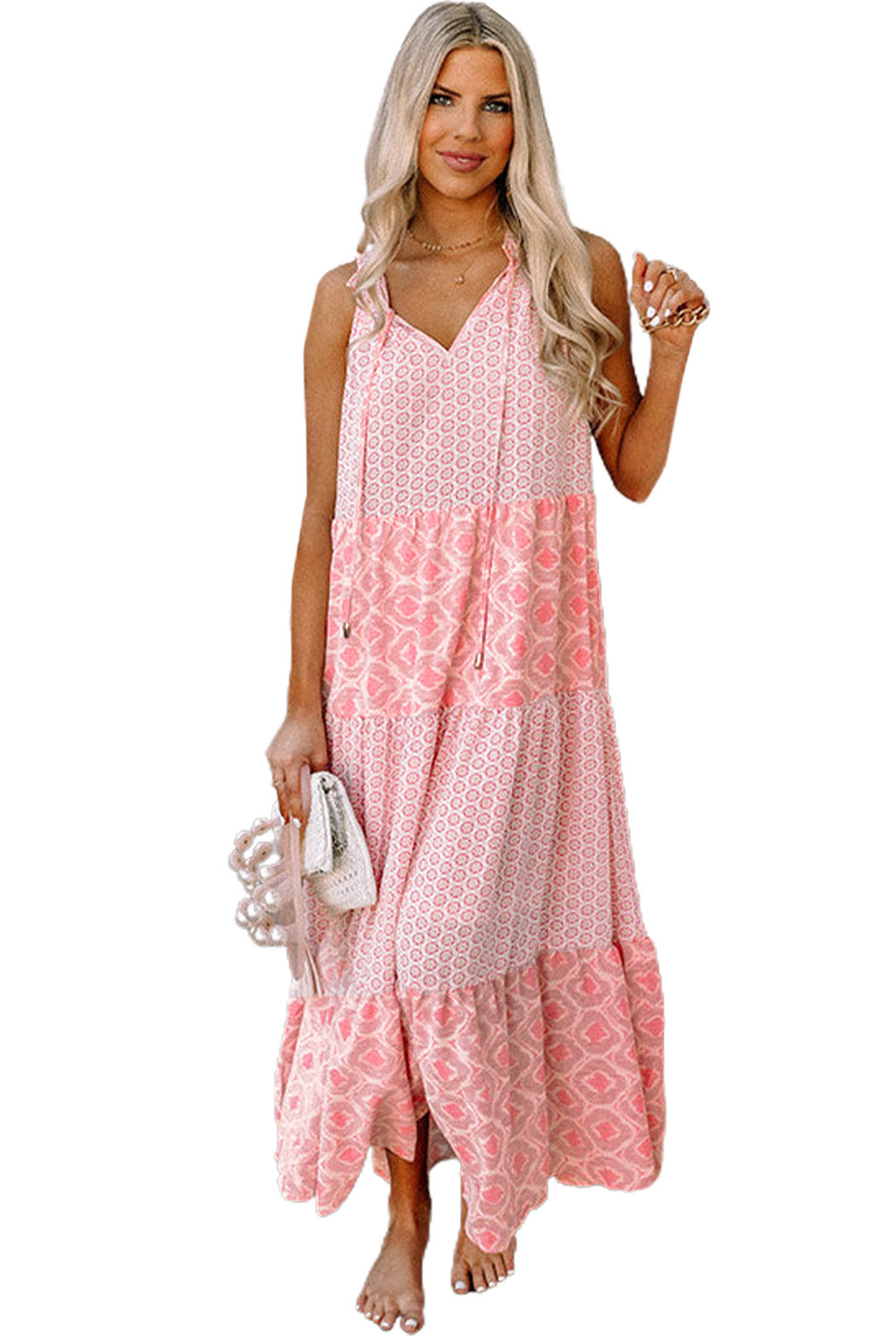 Stacey B's Pink Abstract Print Patchwork Sleeveless V Neck Tiered Dress