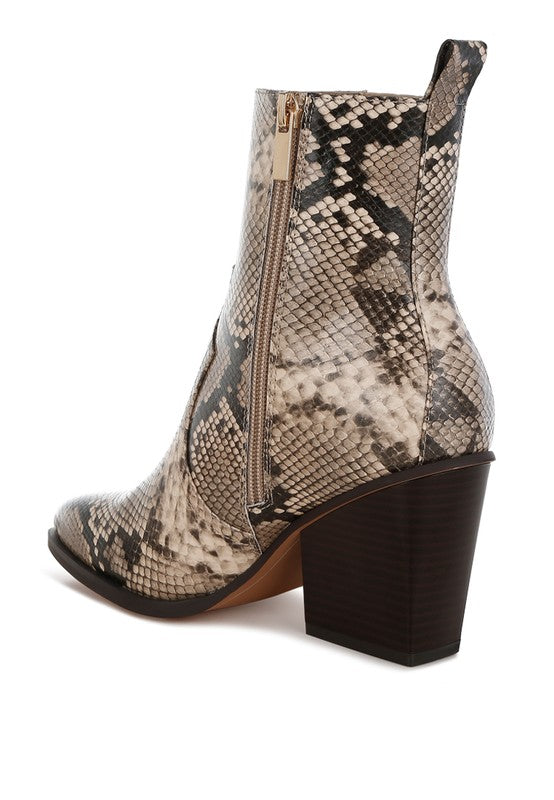 Stacey B's Cornus Snake Print Ankle Boots