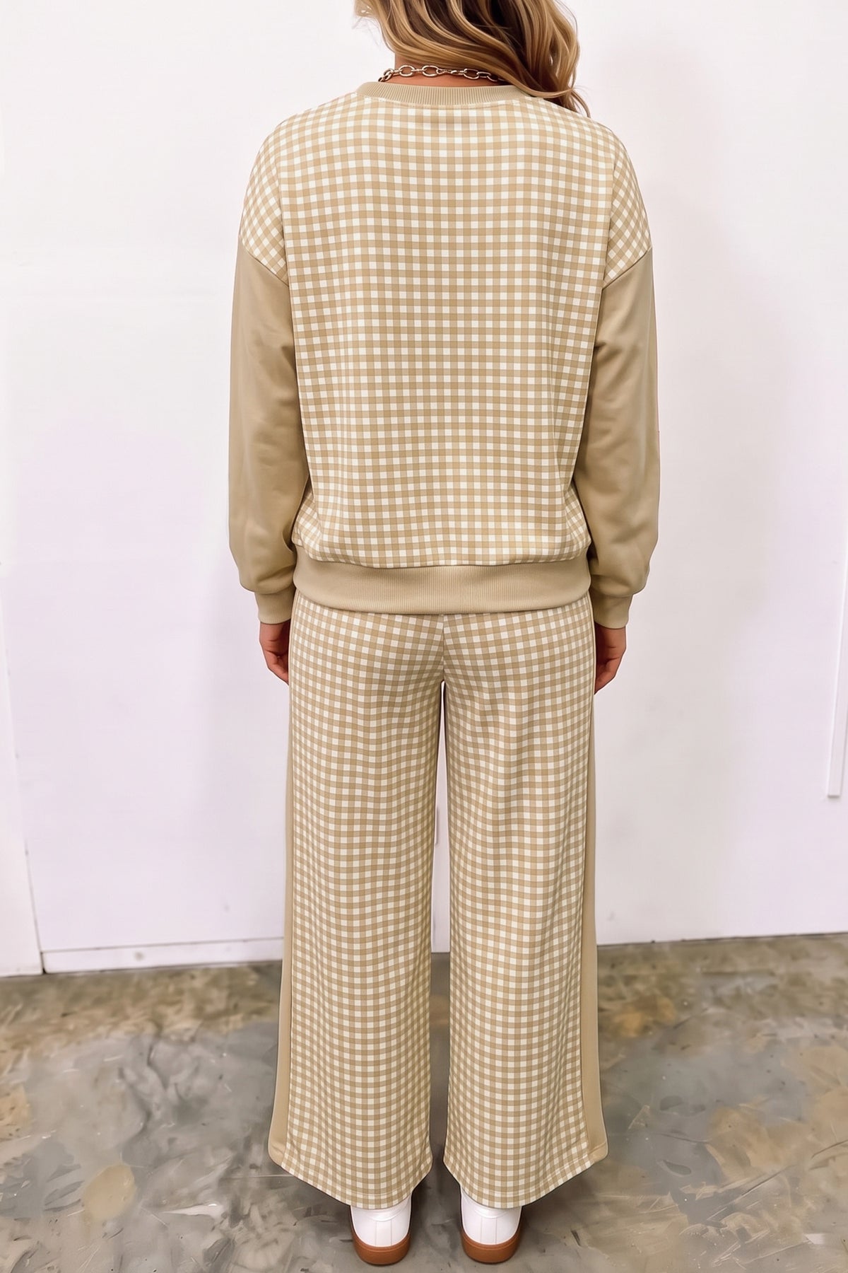Stacey B's Brown Color Block Plaid Patchwork Long Sleeve Pullover Wide Leg Pant Set