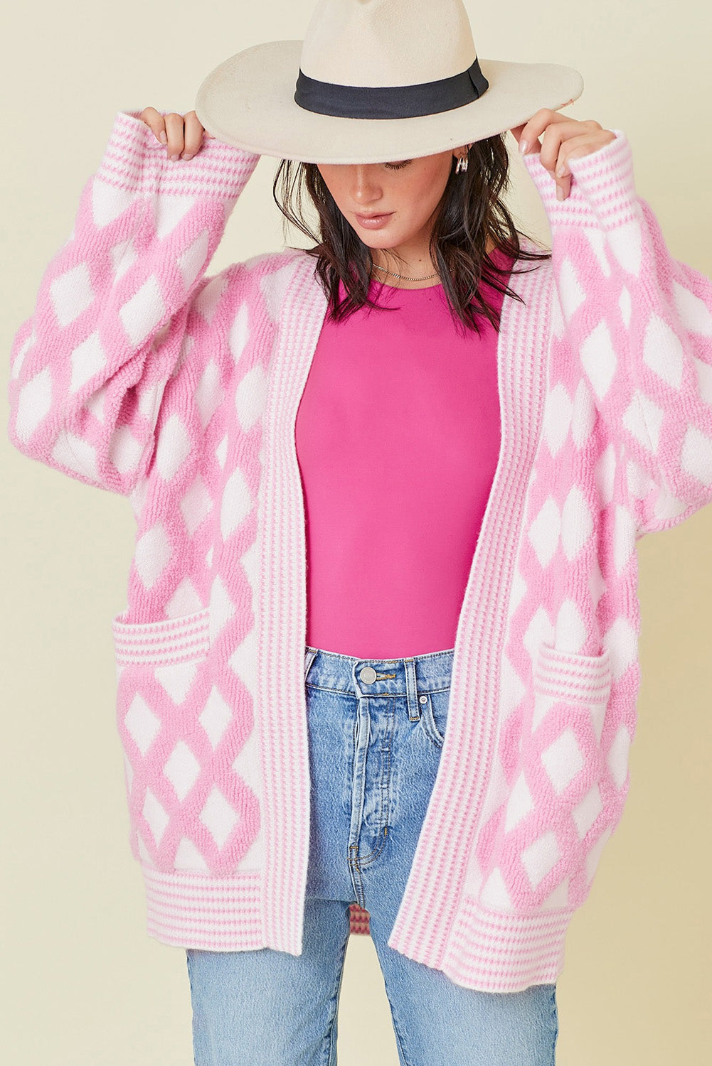 Stacey B's Pink Rhombus Pattern Knit Open Front Pocketed Cardigans