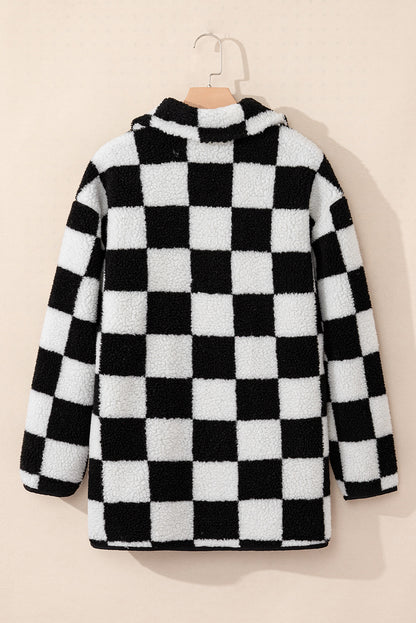 Stacey B's Black Checkered Side Pockets Collared Buttoned Fleece Jacket