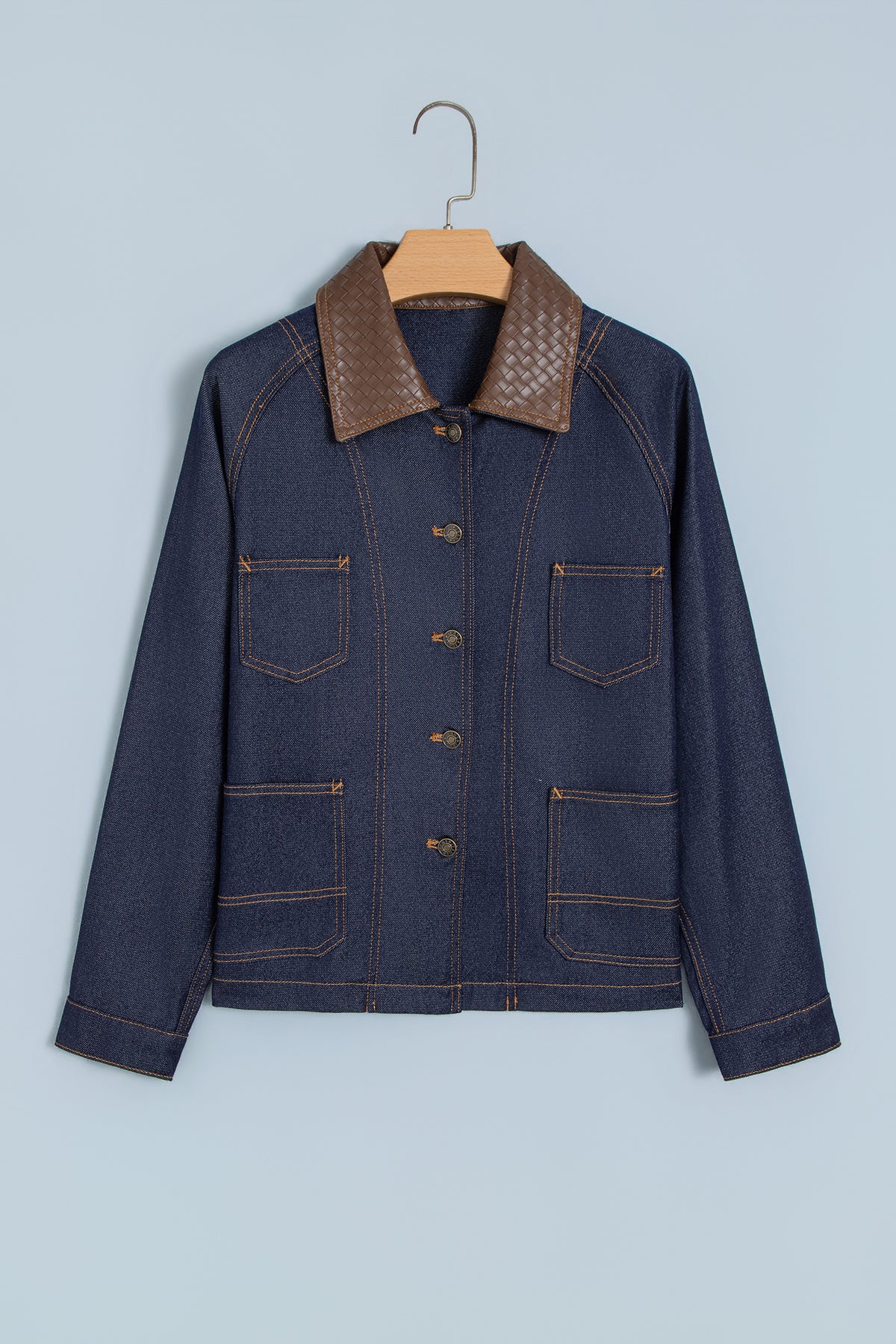 Stacey B's Navy Blue Contrast Collar Stitched Detail Button Denim Jacket
