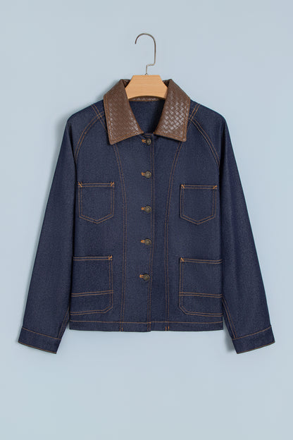Stacey B's Navy Blue Contrast Collar Stitched Detail Button Denim Jacket