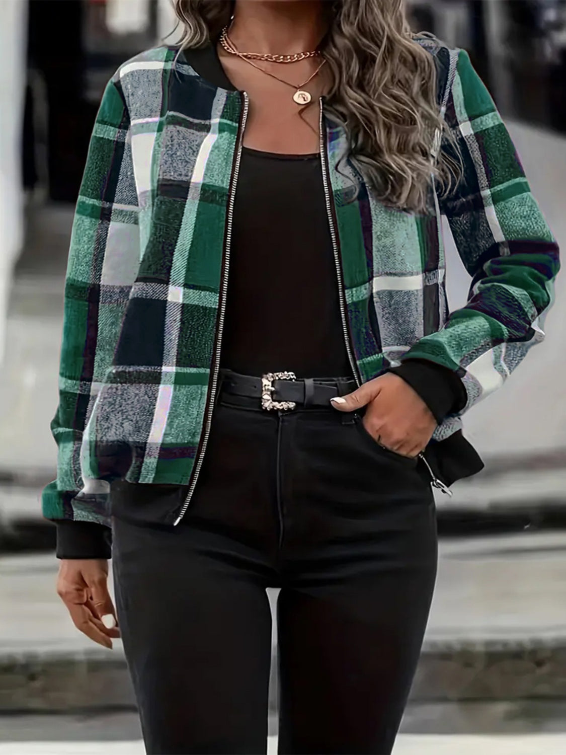 Stacey B's  Plaid Baseball Collar Zip Up Jacket