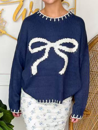 Stacey B's Bow Round Neck Long Sleeve Sweater