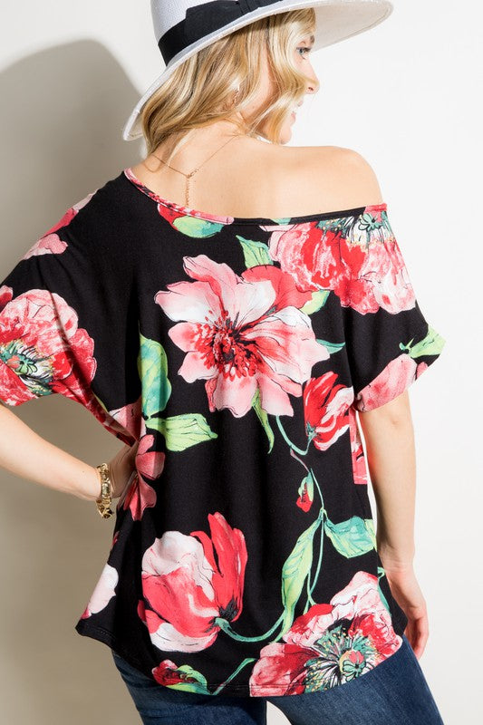 Stacey B's Plus Floral  One Shoulder Boxy Top