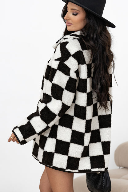 Stacey B's Black Checkered Side Pockets Collared Buttoned Fleece Jacket