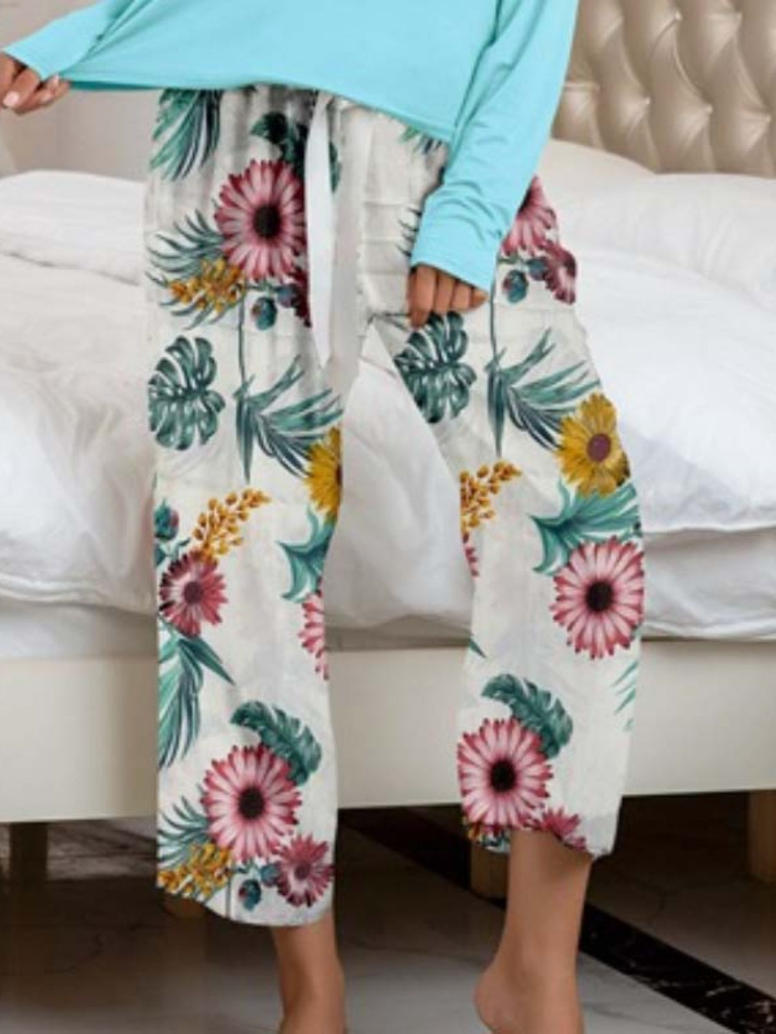 Stacey B's Round Neck Top and Printed Pants Lounge Set