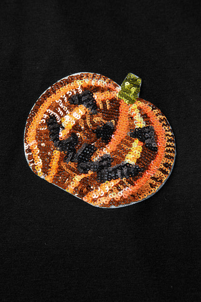 Stacey B's Black Sequin Pumpkin Face Halloween T Shirt