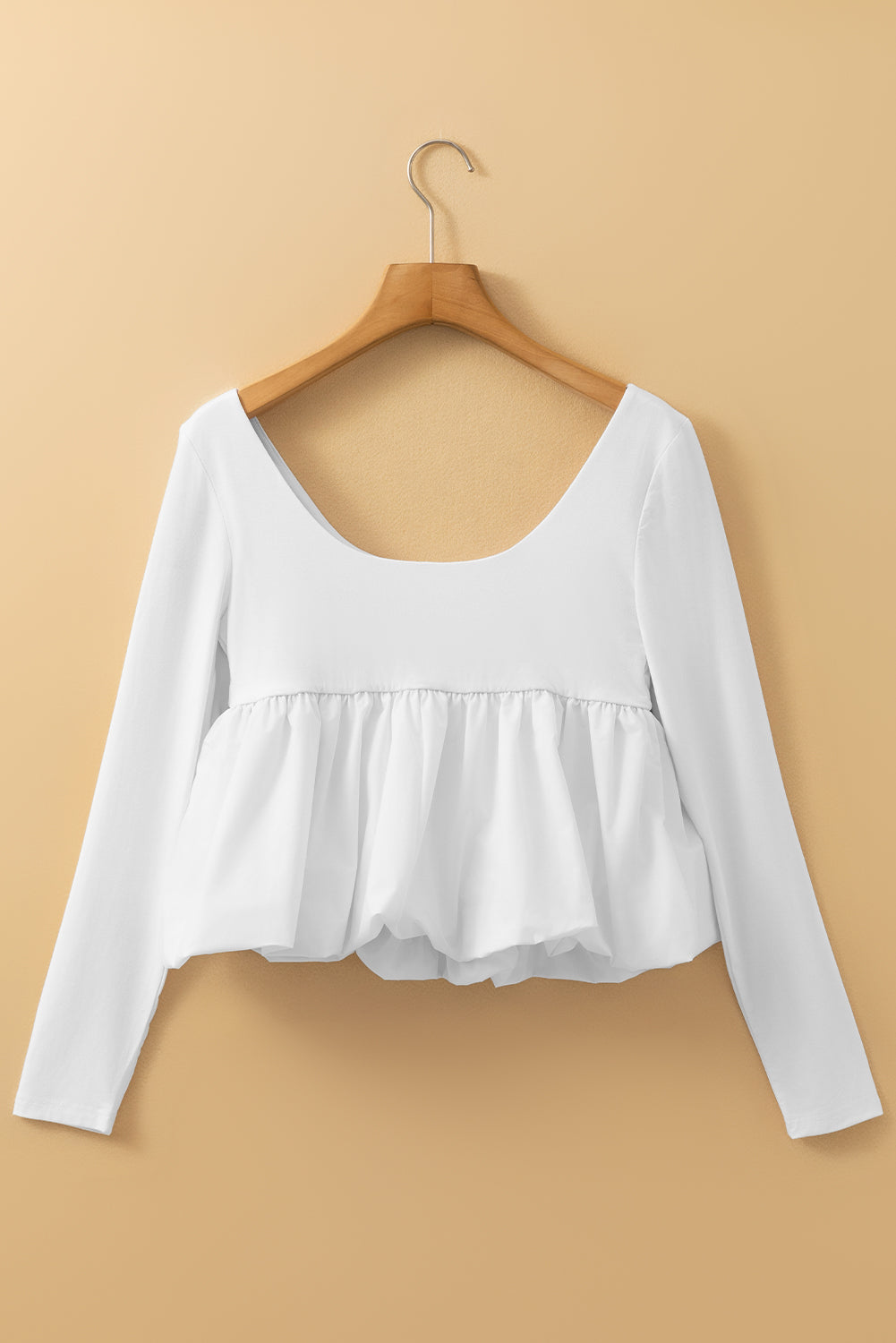 Stacey B's White U Neck Long Sleeve Bubble Hem Top