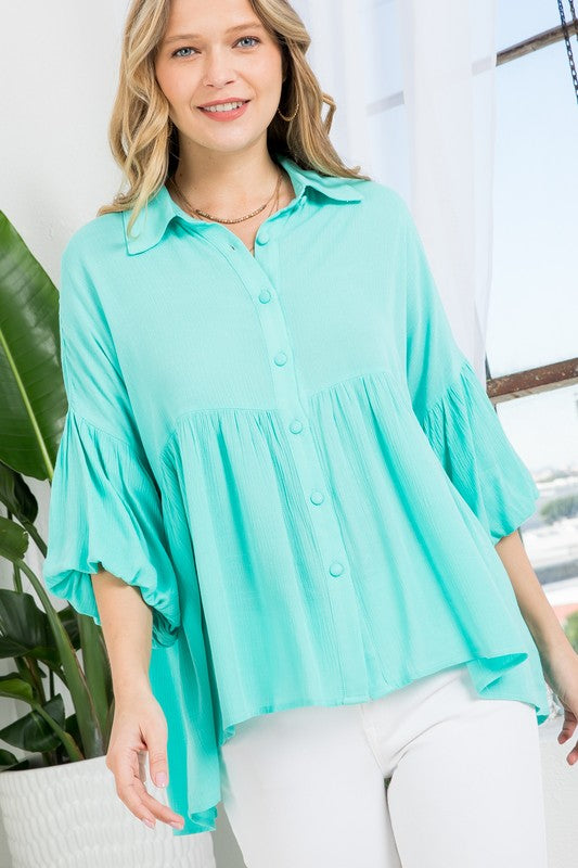 Stacey B's Plus Solid  Button Down Blouse