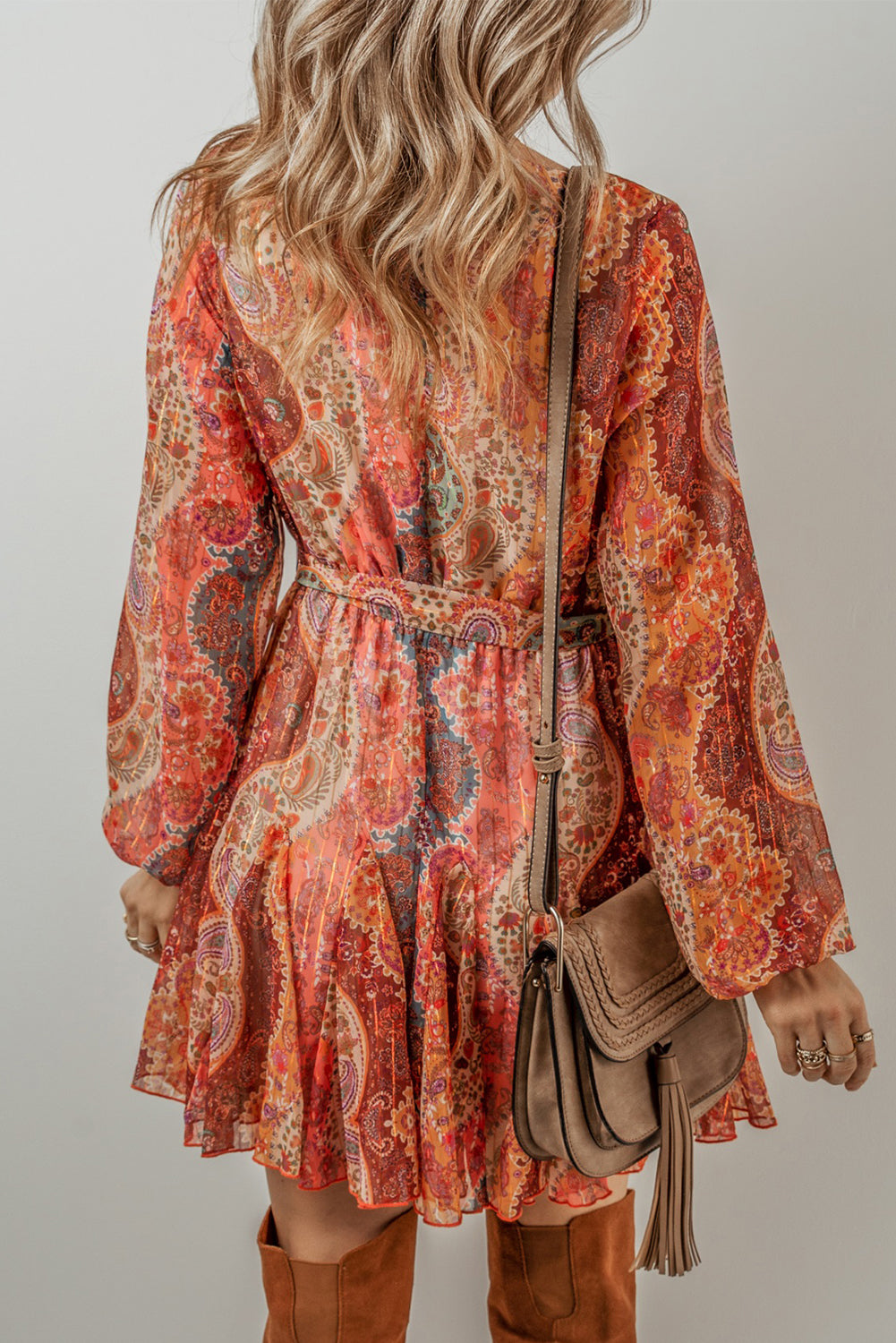 Stacey B's Orange Boho Paisley Print Long Sleeve Pleated Belted Mini Dress