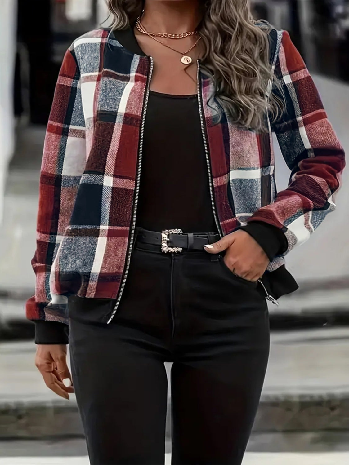 Stacey B's  Plaid Baseball Collar Zip Up Jacket