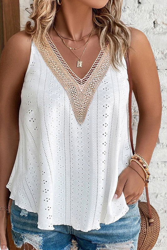 Stacey B's White Plus Size Guipure V Neck Eyelet Lace Tank Top