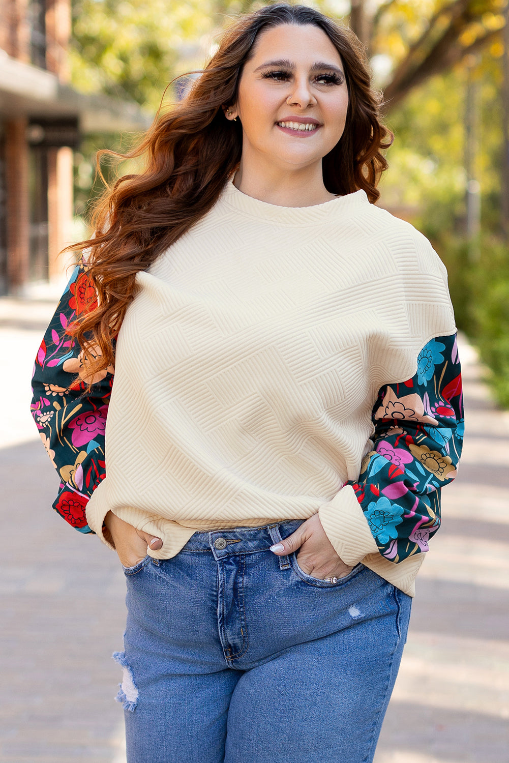 Stacey B's White Floral Patchwork Sleeve Textured Plus Size Pullover Top