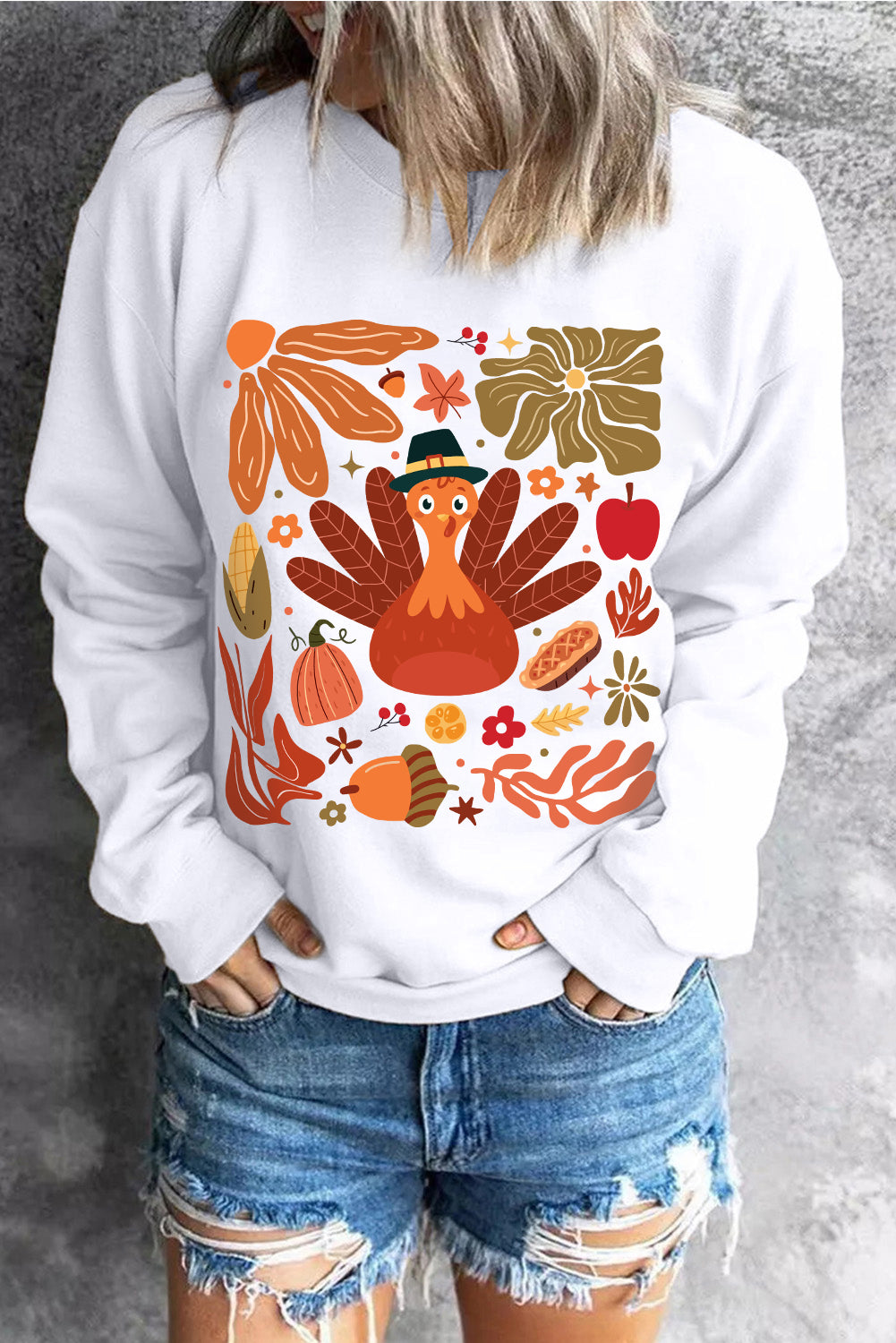 Stacey B's Beige Thanksgiving Fall Vibe Graphic Crew Neck Sweatshirt