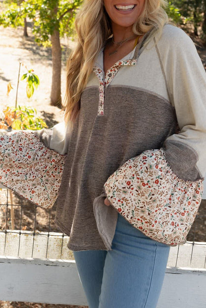 Stacey B's Goat Colorblock Floral Patchwork Flared Sleeve Buttons Henley Top