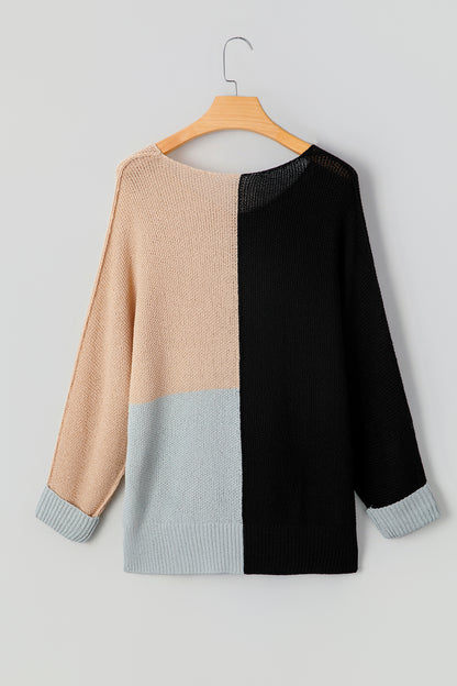 Stacey B's Black Color Block Knit V Neck Loose Sweater
