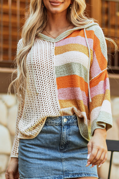 Stacey B's Beige Oversized Colorblock V Neck Hooded Sweater