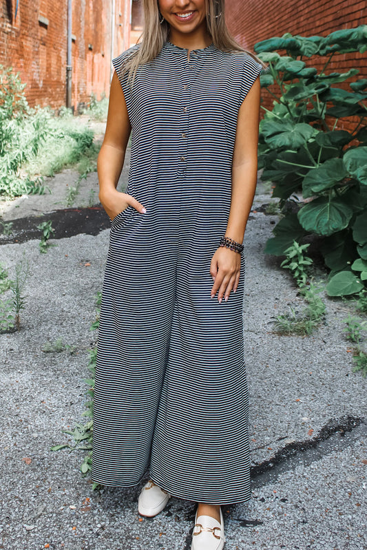Stacey B's Black white Striped Print Buttoned Wide Leg Sleeveless Jumpsuit
