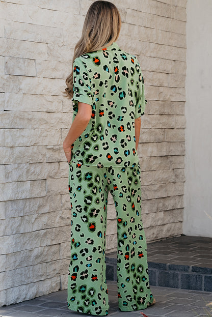 Stacey B's Green Leopard Print Short Sleeve Shirt and Wide Leg Pants Set