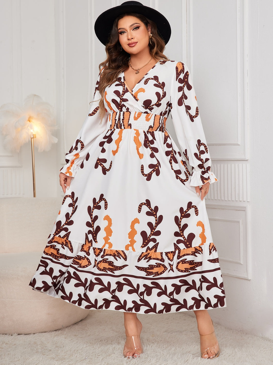 Stacey B's Plus Size Printed Surplice Flounce Sleeve Dress