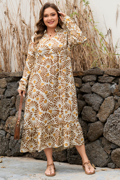 Stacey B's Khaki Abstract Plant Print Loose Plus Size Long Dress