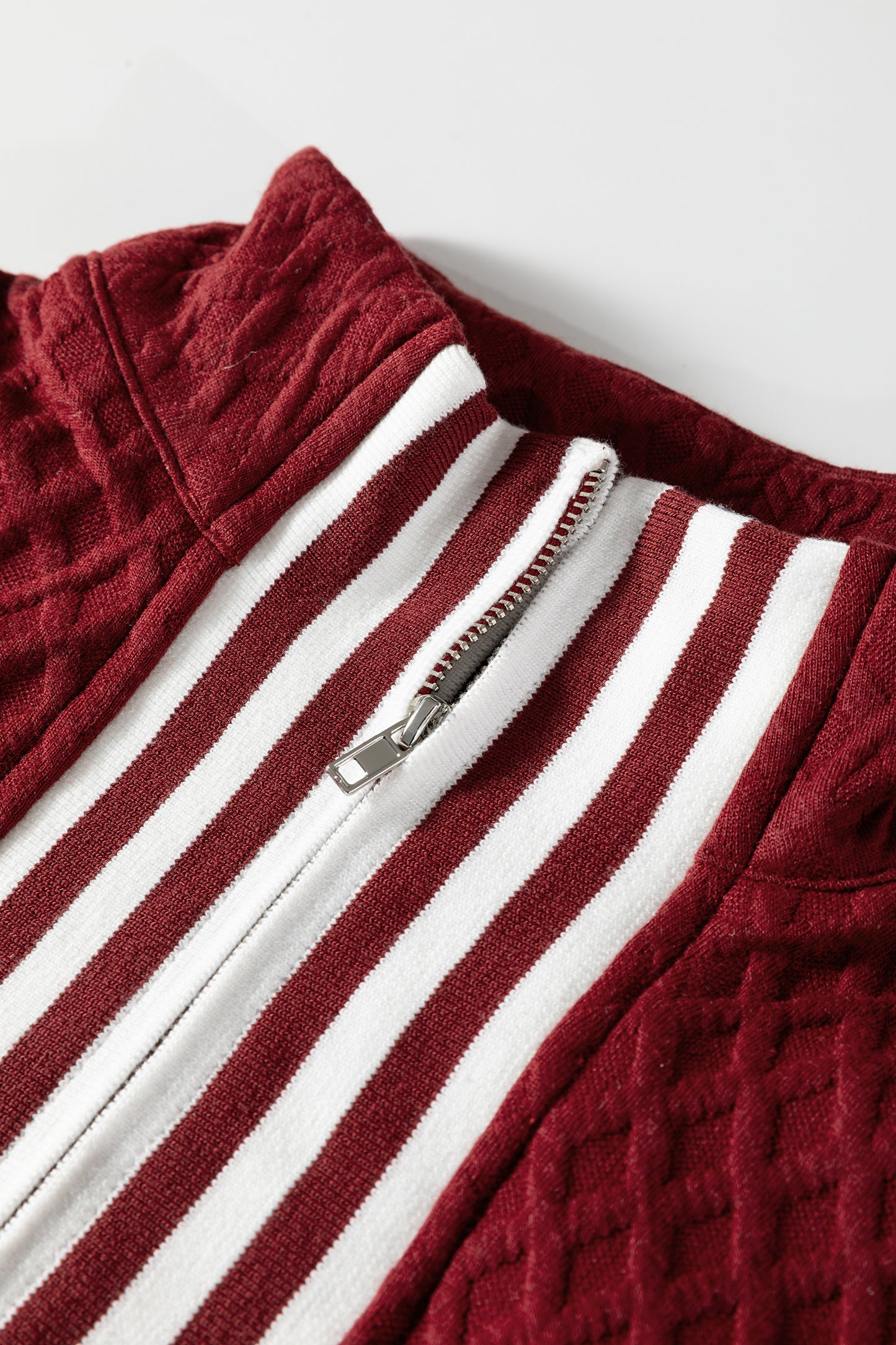 Stacey B's Racing Red Rhombus Textured Striped Patchwork Zip Neck Pullover Sweatshirt