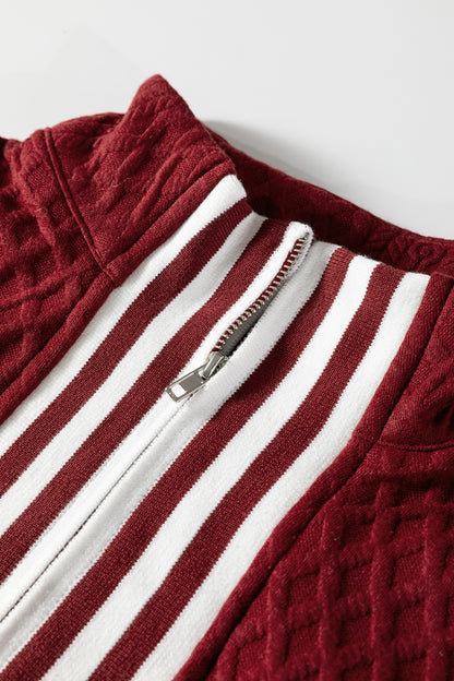 Stacey B's Racing Red Rhombus Textured Striped Patchwork Zip Neck Pullover Sweatshirt