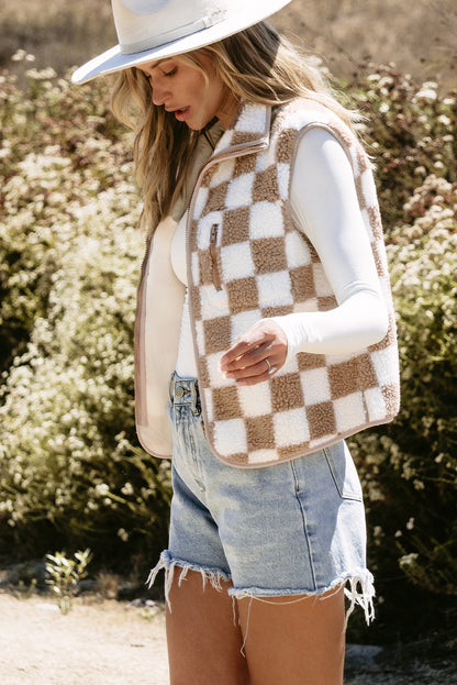 Stacey B's Khaki Checkered Sherpa Collared Jacket Vest