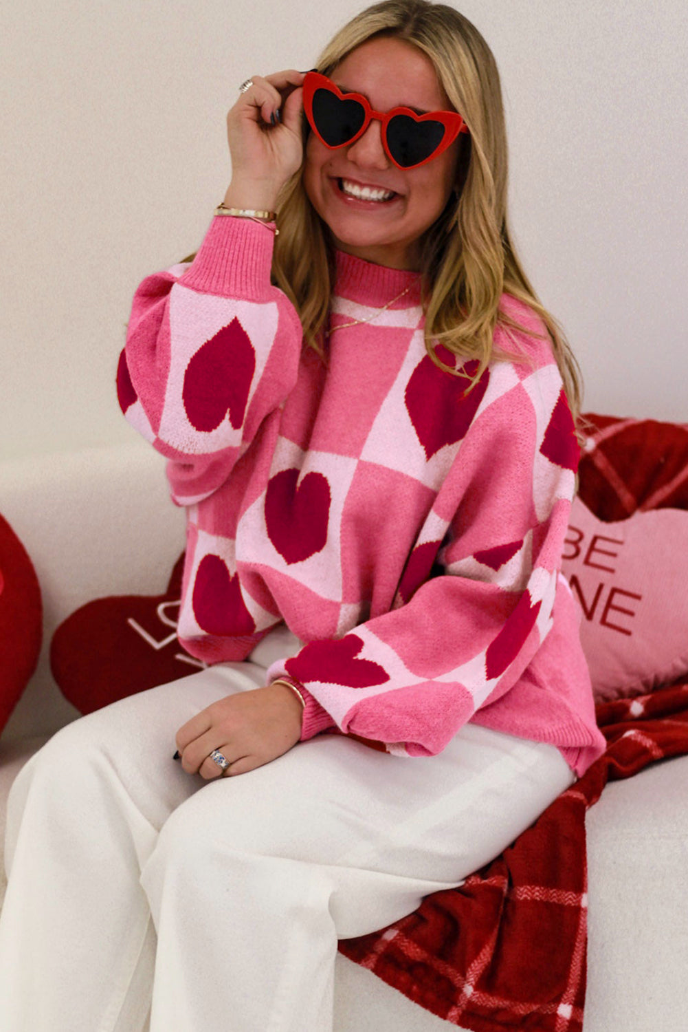 Stacey B's Pink Love Heart Checkered Valentine Crew Neck Sweater