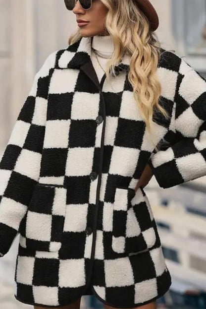 Stacey B's Black Checkered Side Pockets Collared Buttoned Fleece Jacket