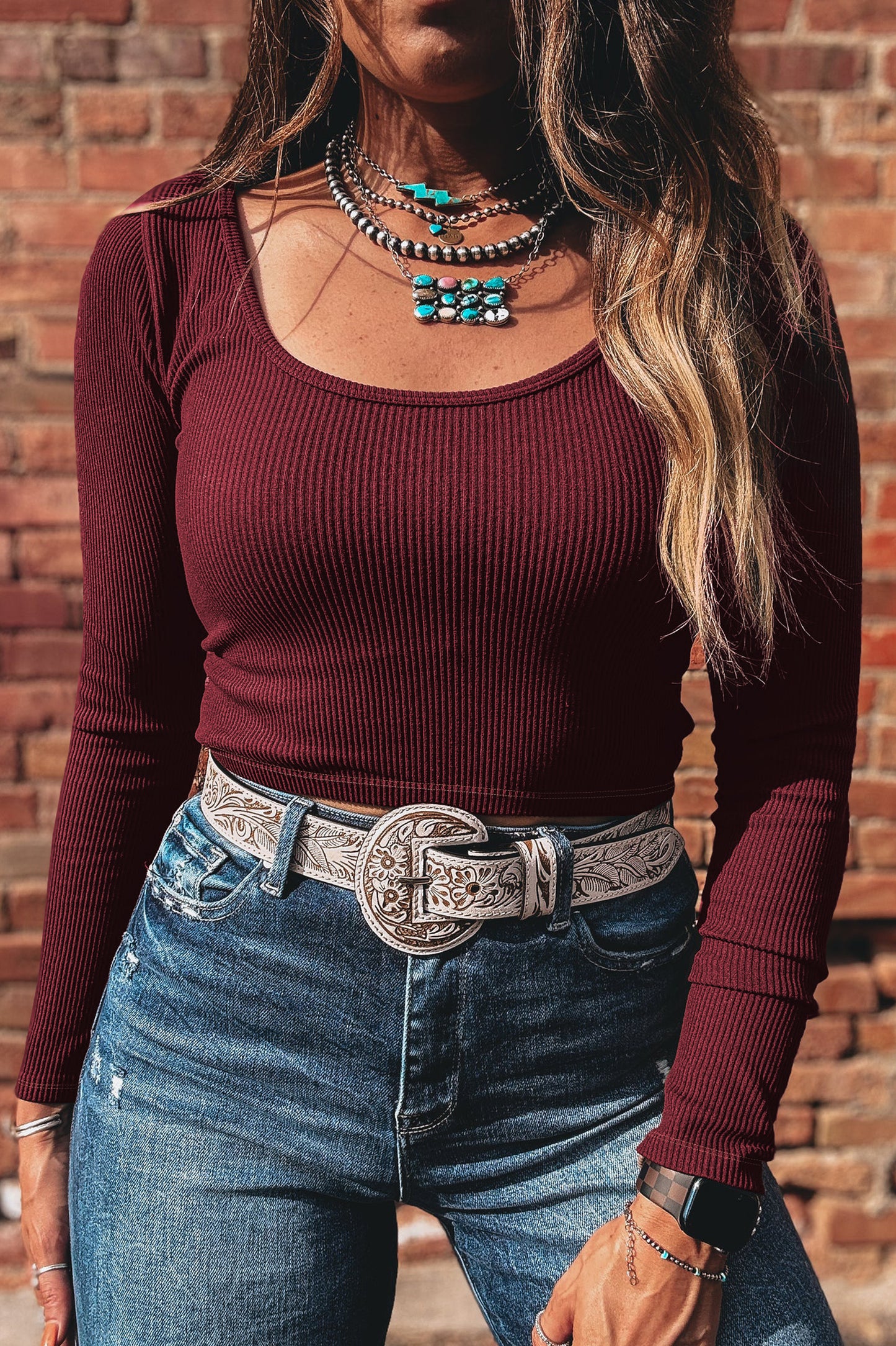 Stacey B's Coffee Ribbed Solid Color U Neck Cropped Long Sleeve Top