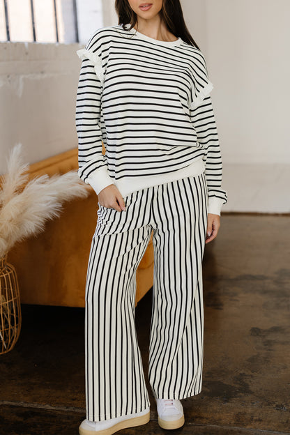 Stacey B's White Stripe Ruffle Trim Drop Shoulder Top Drawstring Loose Pant Set