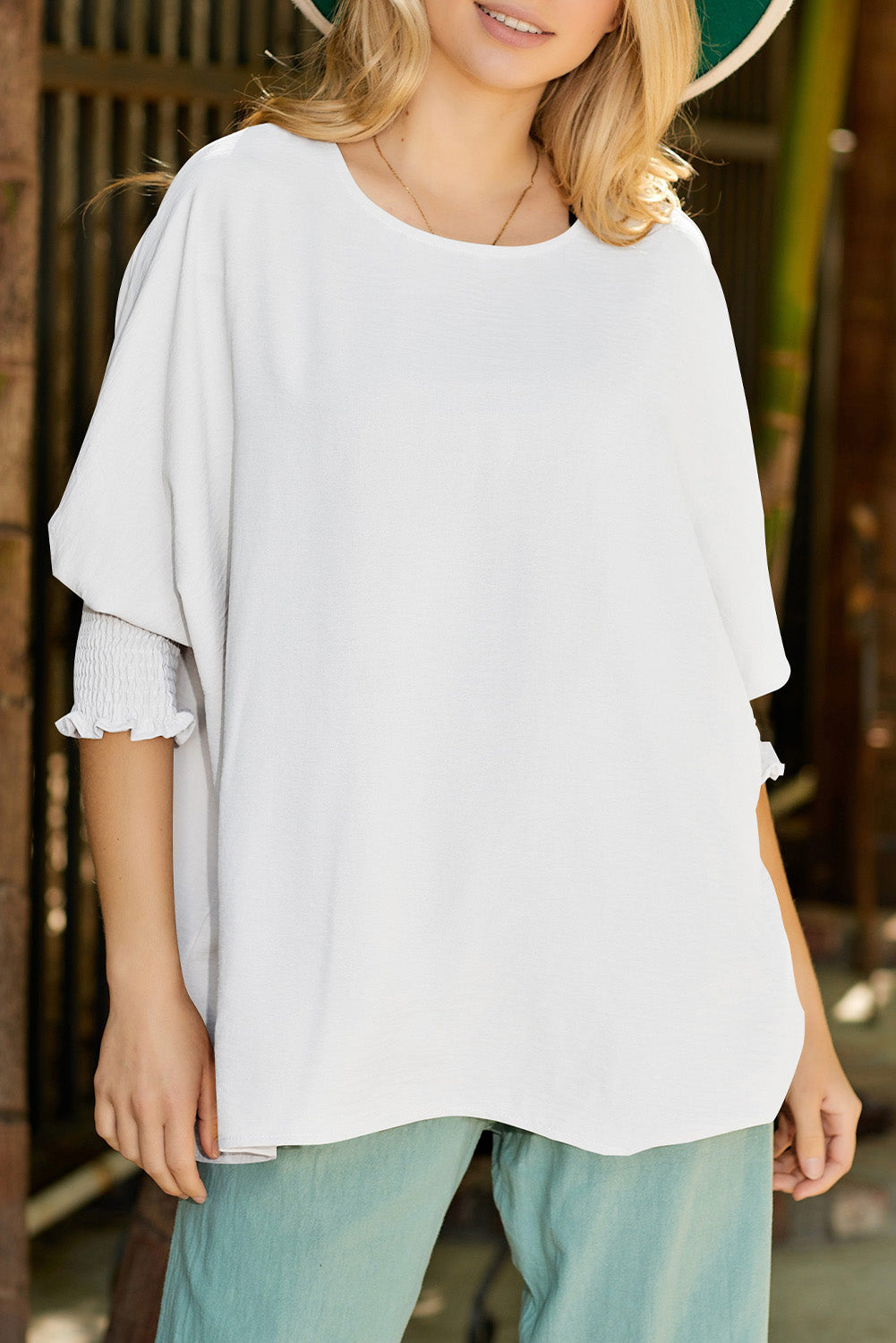 Stacey B's White Plain & Casual Shirred Cuffs Half Sleeve Top