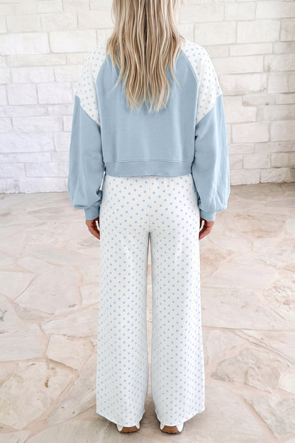 Stacey B's Green Polka Dot Patchwork Colorblock Long Sleeve Casual Two Piece Pants Set