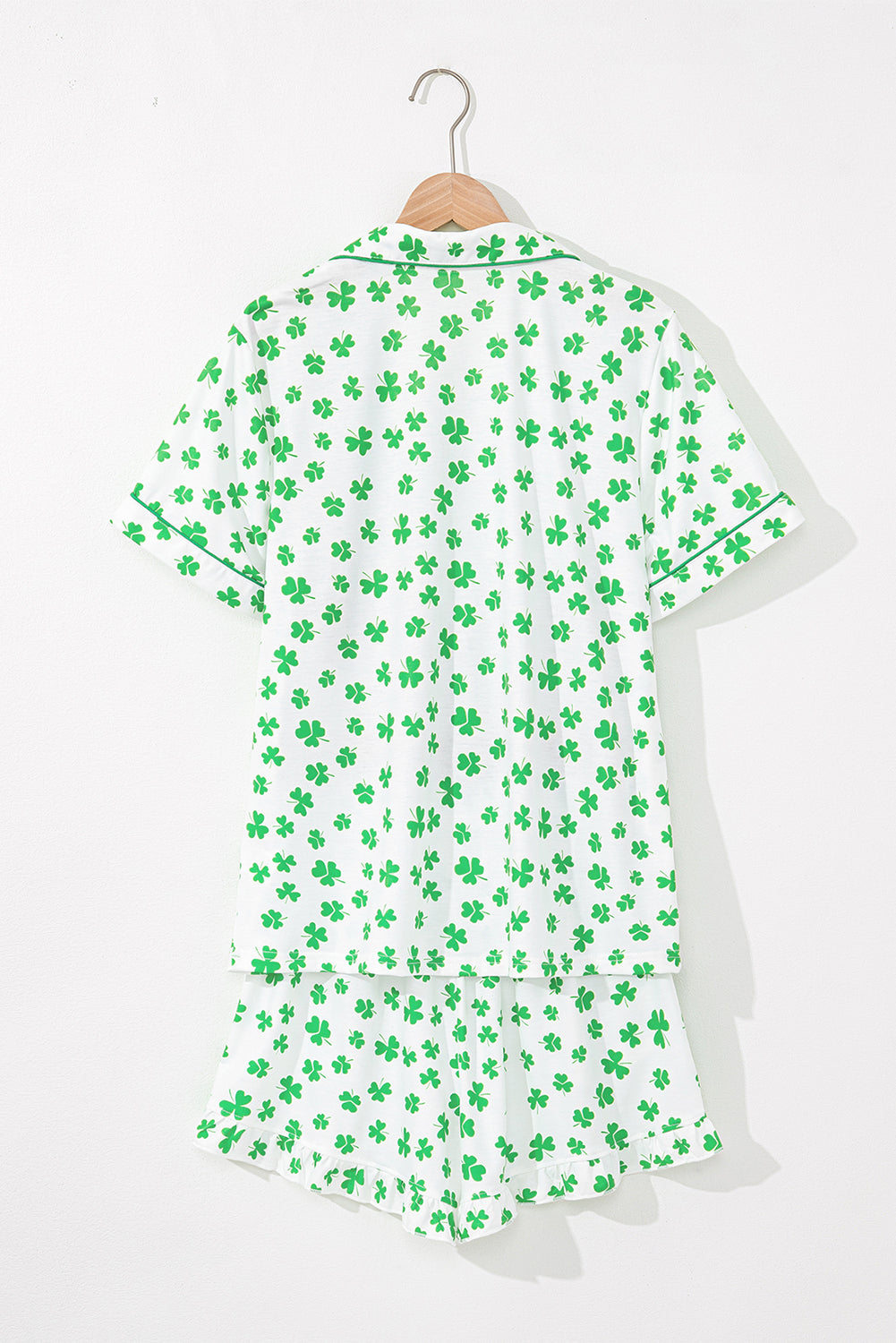 Stacey B's Green Clover Printed Short Sleeve and Ruffled Shorts Pajama Set