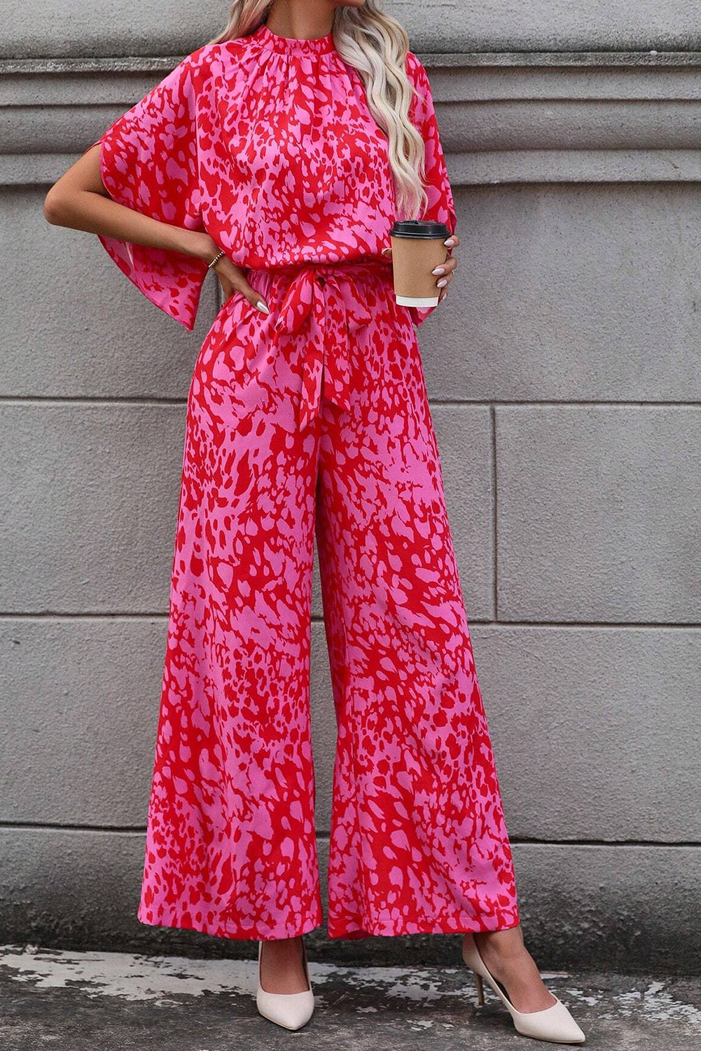 Stacey B's Rose Leopard Print Flounce Sleeve Belted Wide Leg Jumpsuit